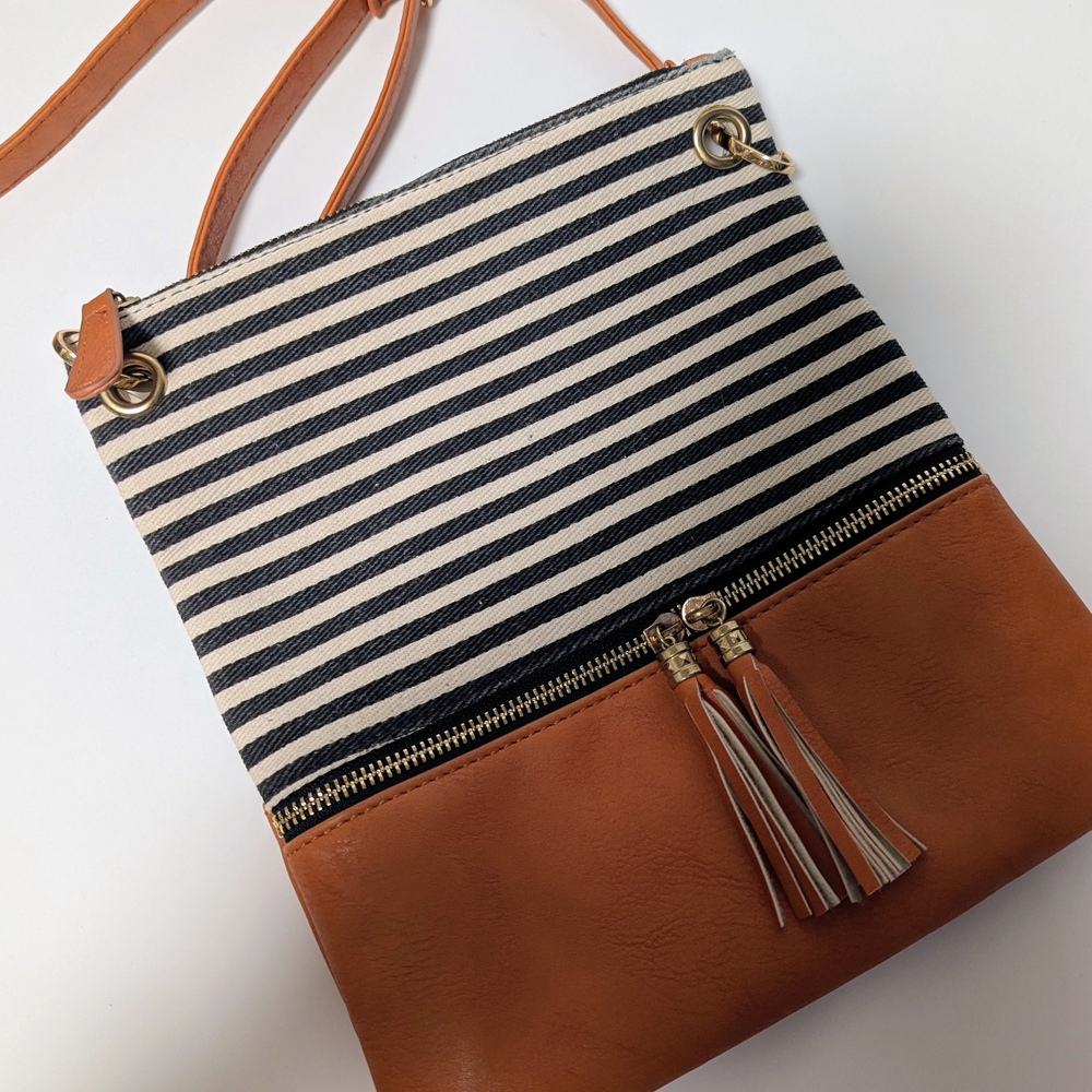Elegant Striped Tan and Black Crossbody Bag